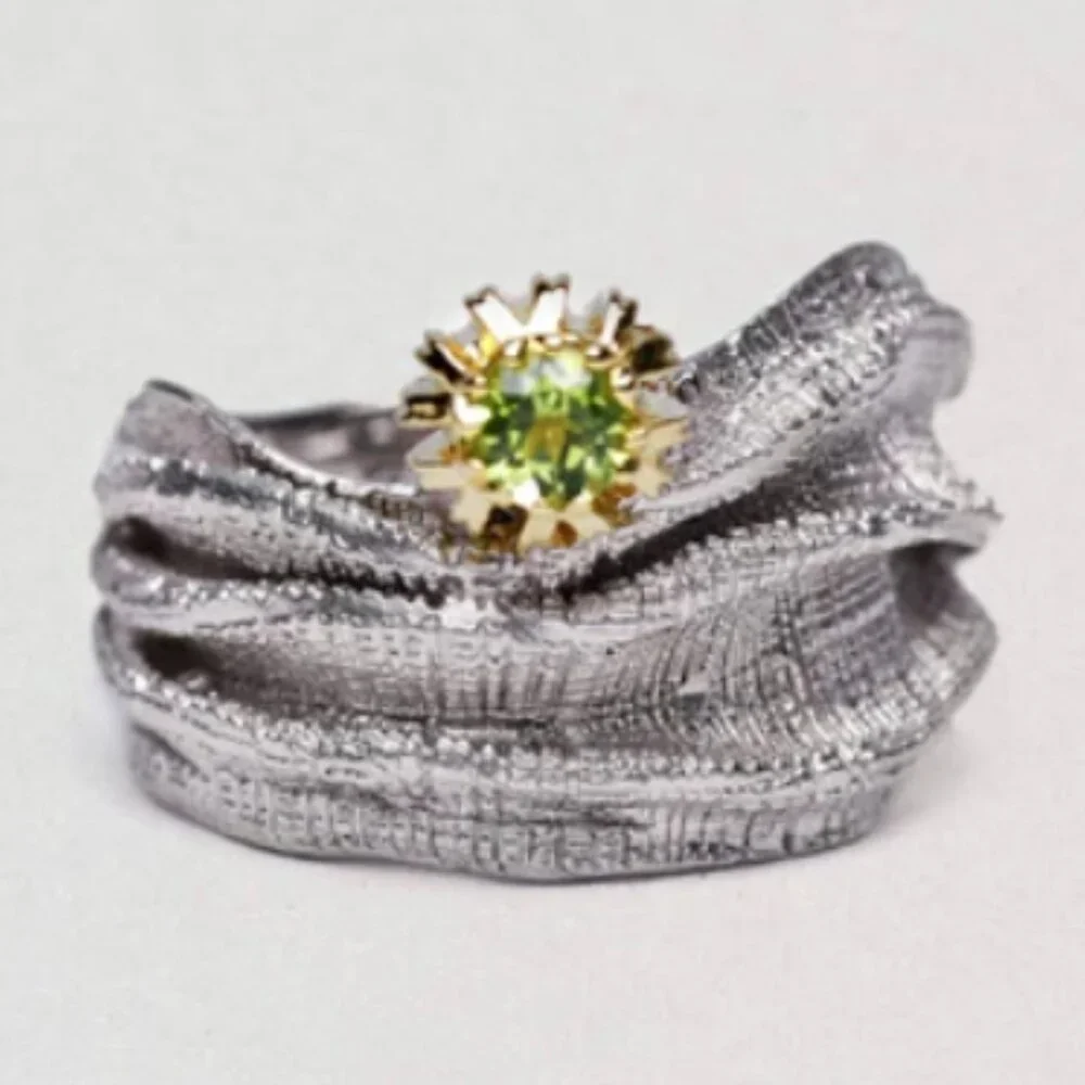 German Kabirski 925 Silver Blessing Peridot Ring sz 7.5 Gold Plated Rhodium